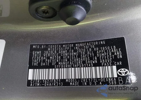 2017 Toyota Corolla Le from USA, damaged, VIN 5YFBURHE1HP591149